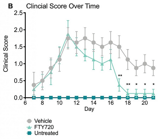 Body-weight and clinical scores of untreated, vehicle-treated and FTY720-treated mice in the EAE model.
